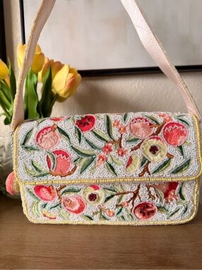 Viral handmade beaded shoulder bag vibrant peach floral pattern